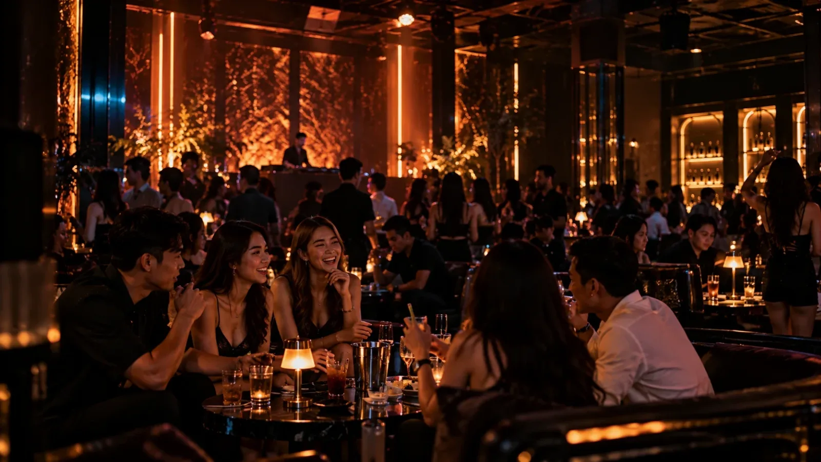 Suasana pertemuan bersama teman di pub dan bistro dengan pencahayaan hangat.